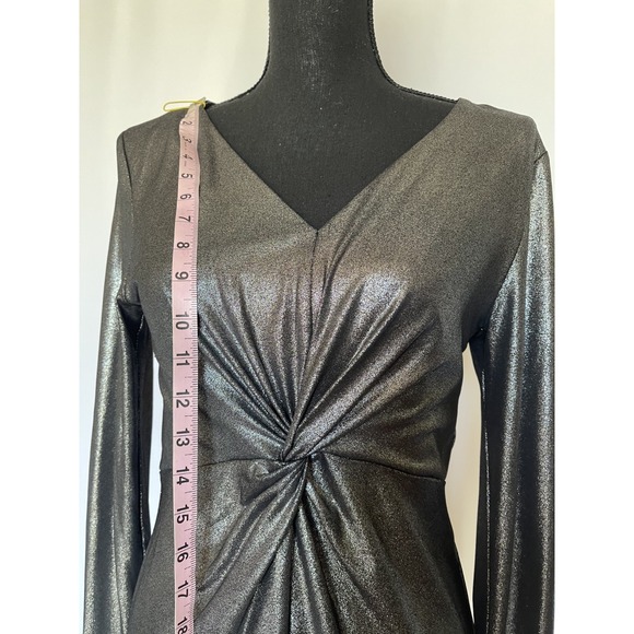 NWT Harper Rose Silver Metallic Long Sleeve Twist Front Midi Glam Dress Size 10 - Picture 4 of 8